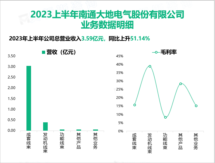 ​大地电气是汽车整车线束配套解决方案供应商，2023上半年营收为3.59亿元